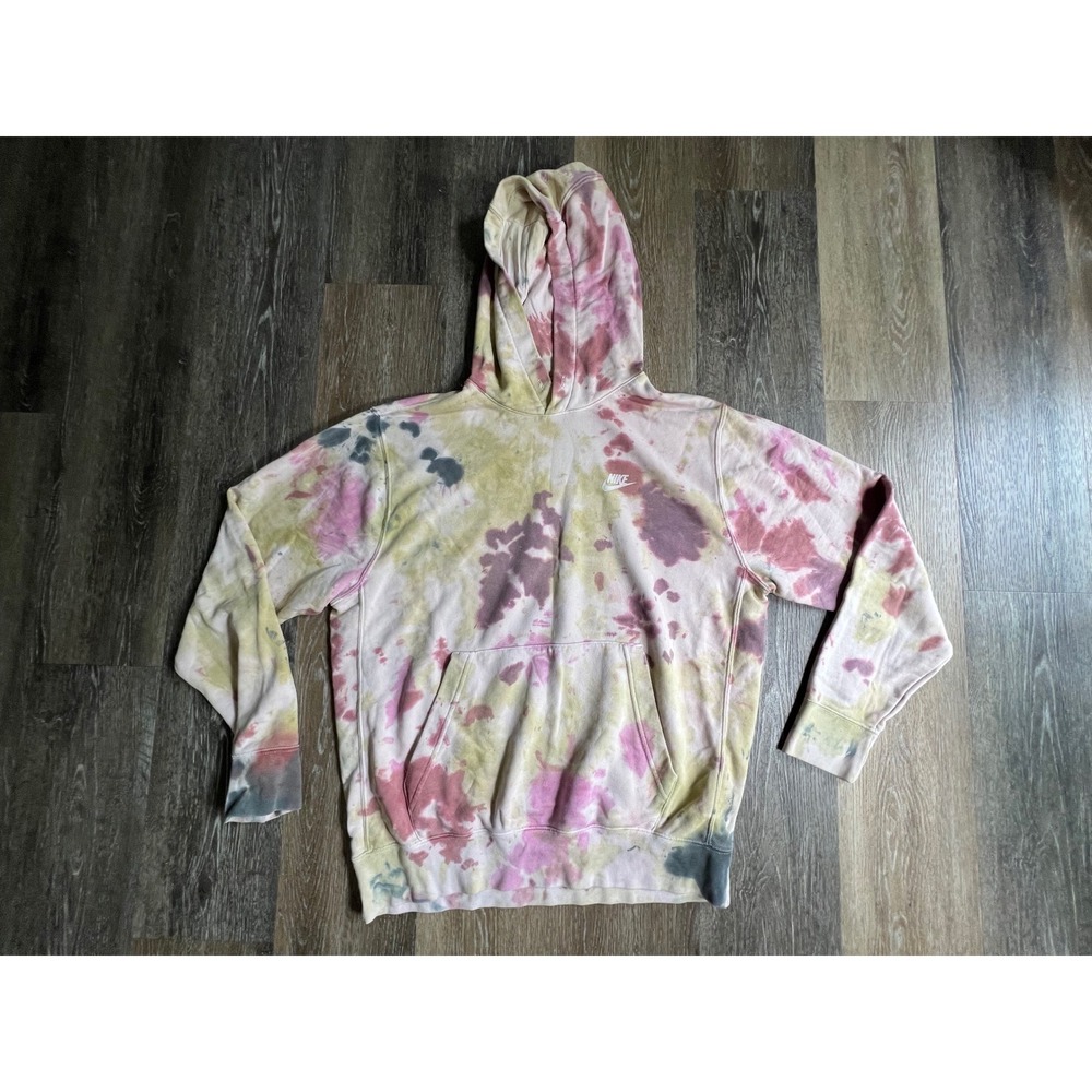 Nike Hoodie Mens Large Pink Yellow Tie Dye Fleece Pullover Sweatshirt BV2654-100